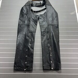 Interstate Leather Chaps Large 32-38 Black Motorcycle Biker Belted Side Zip Snap